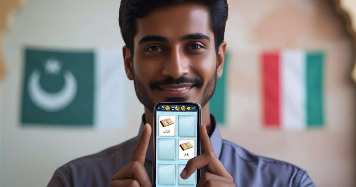 আরবি শেখা এখন সহজ এবং সুবিধাজনক একজন বাংলাদেশি ব্যবহারকারী স্মার্টফোনে মেমোলিংগো খেলছেন, পটভূমিতে আরবি পতাকা বা মধ্যপ্রাচ্যের স্থাপত্যের সূক্ষ্ম ইঙ্গিত