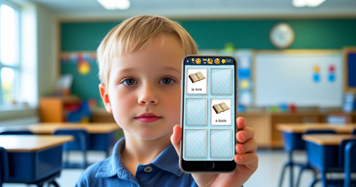 Un enfant joue au jeu de vocabulaire MemoLingo sur son téléphone.