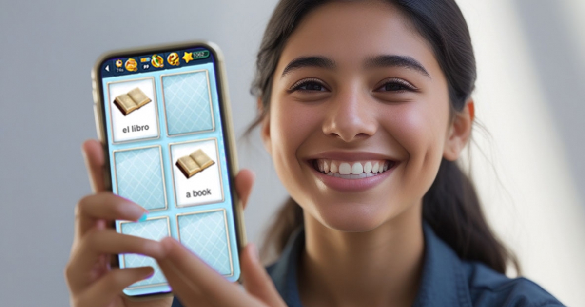 Aprendizaje moderno, accesible y efectivo Estudiante aprende vocabulario en inglés usando la aplicación Memolingo en tablet