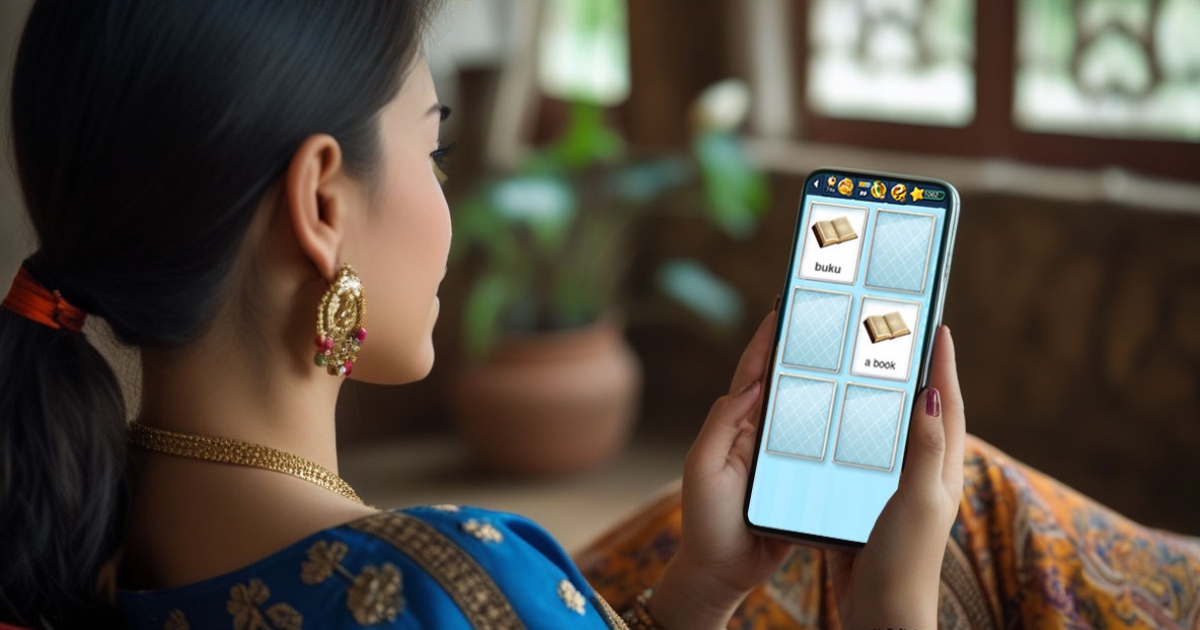 Pengguna belajar kosakata bahasa Inggris dengan aplikasi MemoLingo di smartphone dengan metode yang menyenangkan