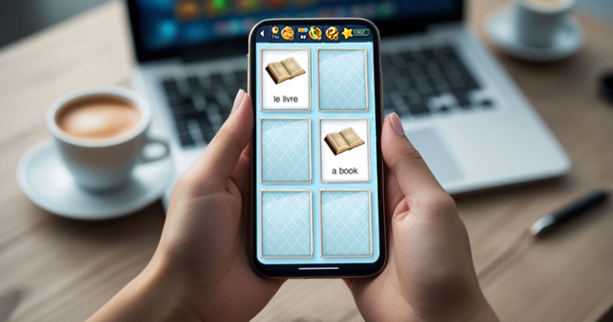 Interface de jeu MemoLingo montrant association de paires vocabulaire anglais avec images