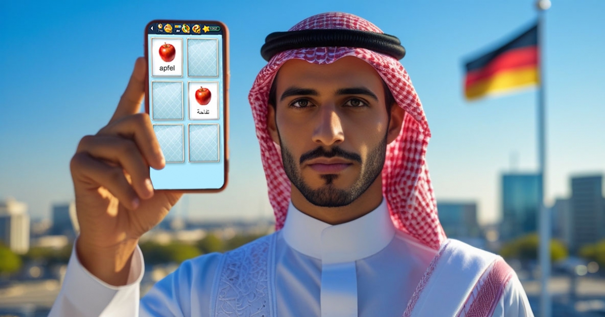 لقطة شاشة من Memolingo تظهر بطاقات تفاح بالألمانية والعربية