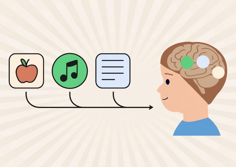 Neuroscience of Multi-Sensory Language Acquisition Brain diagram showing associative memory cell formation during language learning