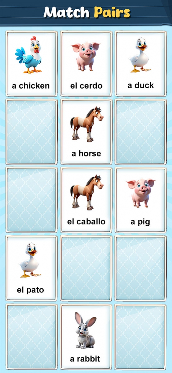 MemoLingo matching-pairs learning interface Smartphone screenshot showing MemoLingo's play field to learn vocabulary