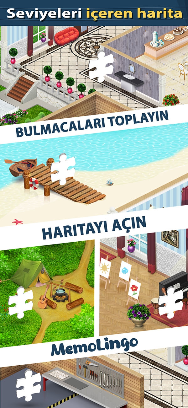 MemoLingo'nun 32 seviyesinin başlangıç, orta ve ileri kategorilere ayrılışını gösteren görsel harita