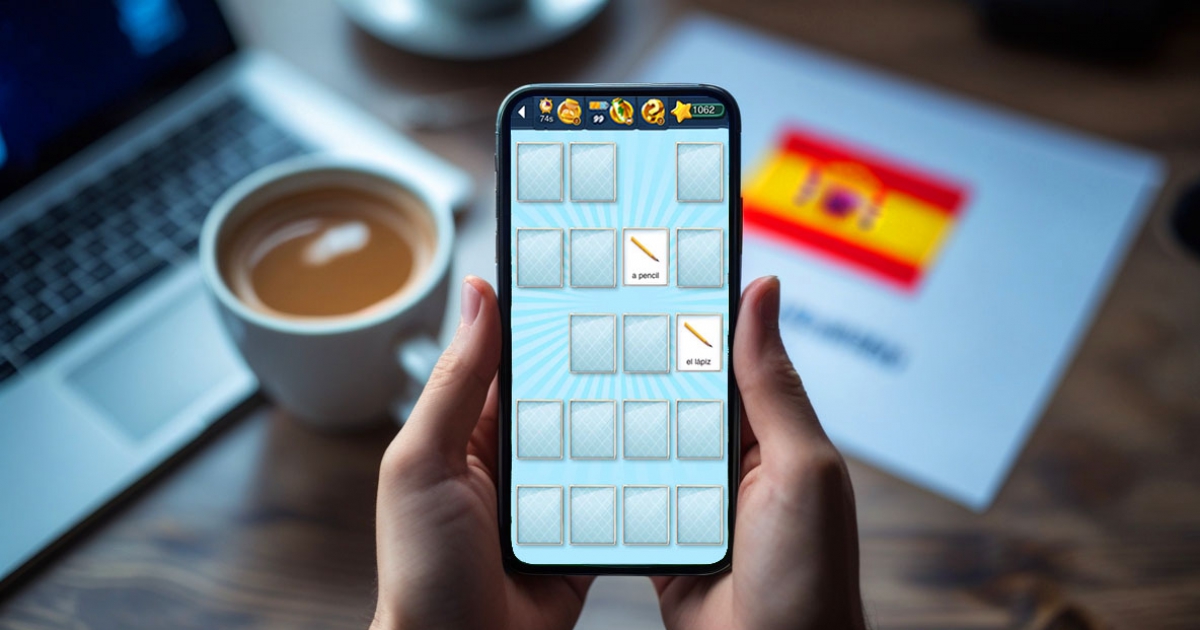 Your Spanish journey begins with that first matched pair MemoLingo Spanish for beginners matching game integrating image, text, and pronunciation