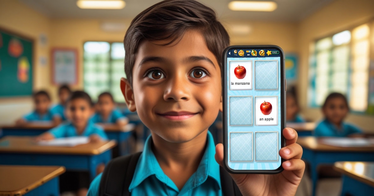 Niño aprendiendo inglés con Memolingo - juego educativo de vocabulario
