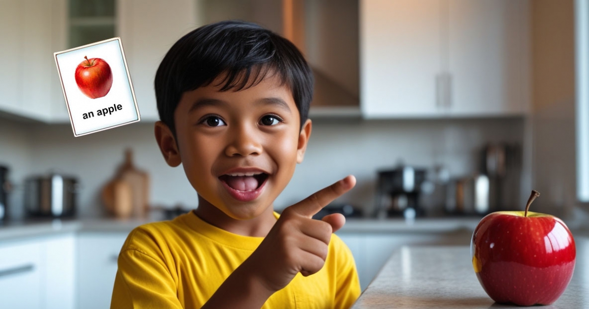 Seorang anak mengingat kartu dari permainan Memolingo dan menyebutkan benda-benda di sekitarnya dalam bahasa Inggris